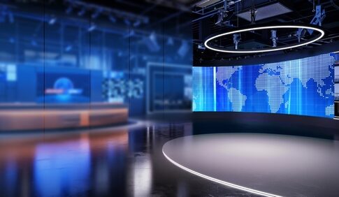 Modern TV news studio with curved LED world map screen and empty anchor desk