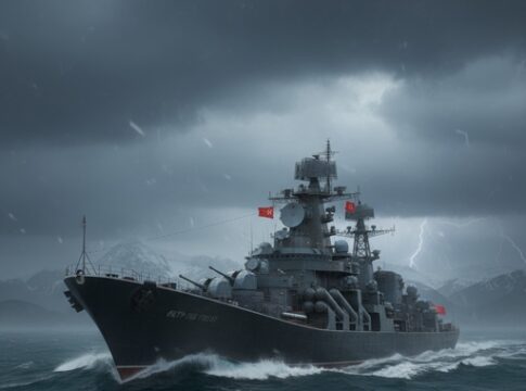 A military ship navigating through a stormy sea with dark clouds and lightning