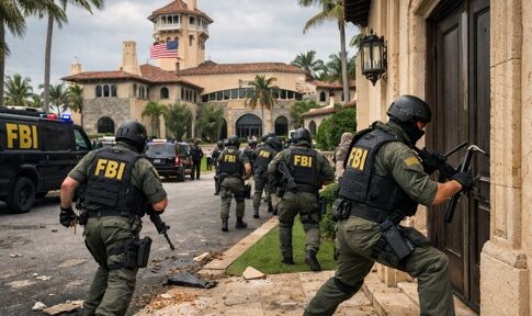 FBI agents in tactical gear approaching a building during a raid