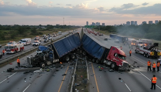 Two overturned trucks blocking a highway with emergency responders at the scene