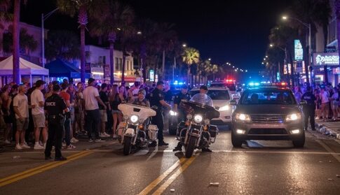 Police officers managing a crowd on a busy street at night